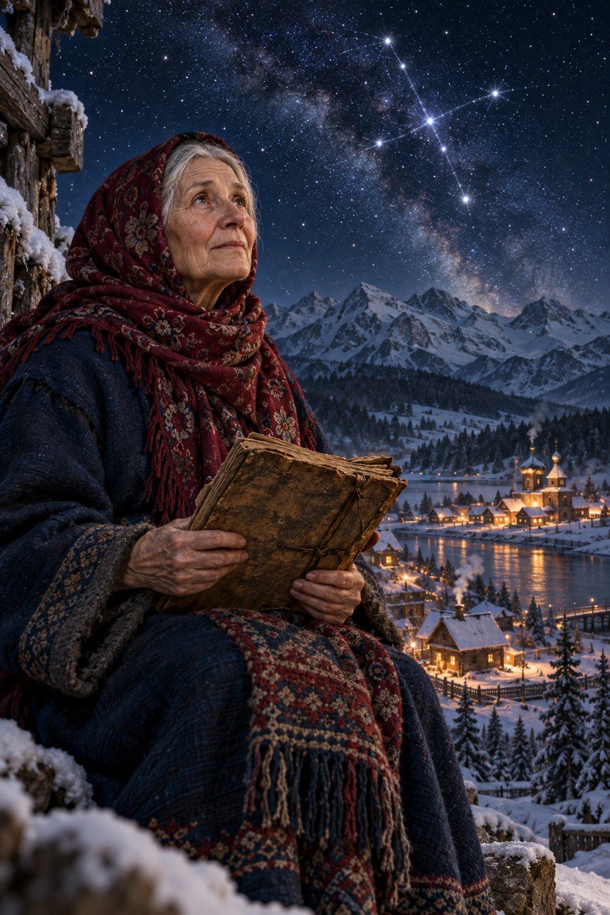 Agafya holds her manuscript beneath the Cygnus stars