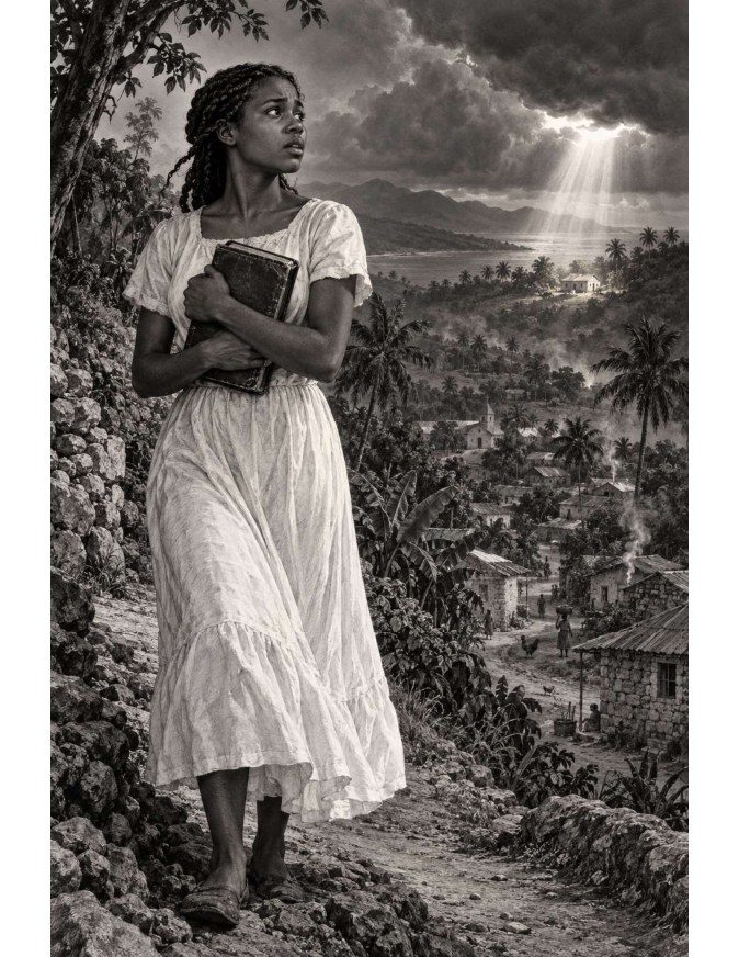 A woman holds a book beneath a bright sky