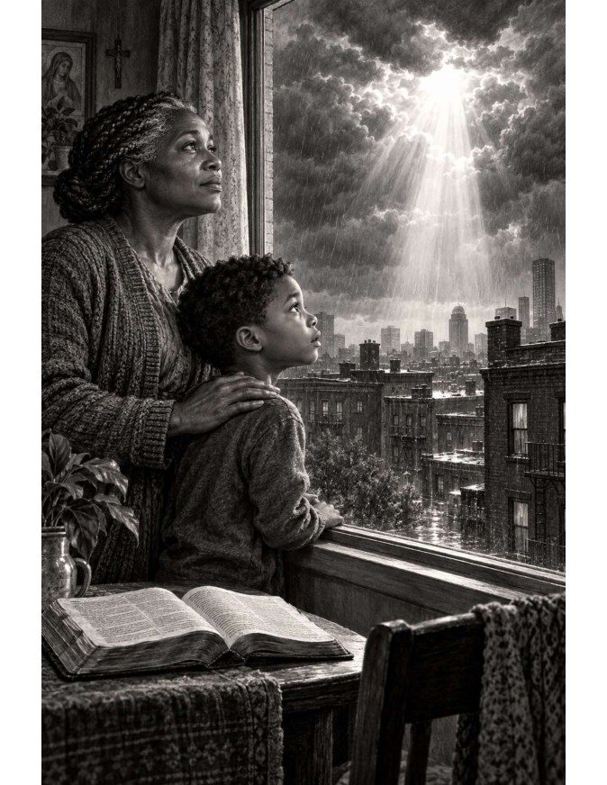 A woman and child watch a radiant sky