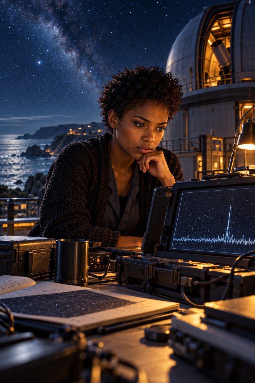 A woman studies a signal at a desk beneath a star-filled sky