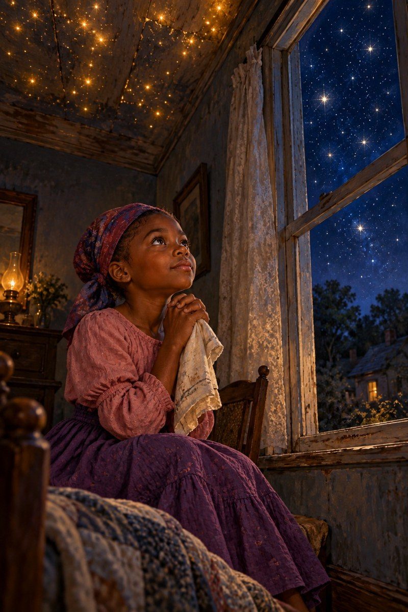 Hope looks out through a starlit window
