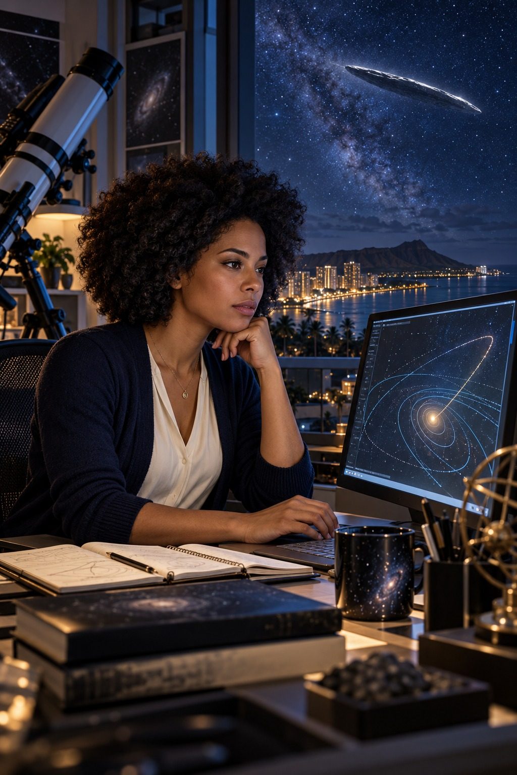 Dr. Alexa Champagne studies an anomalous trajectory in her astronomy lab