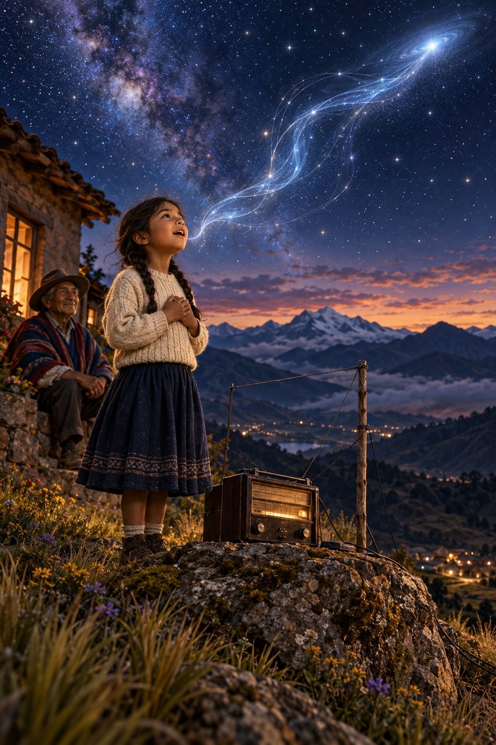 An Ecuadorian child sings beside a shortwave radio beneath the stars