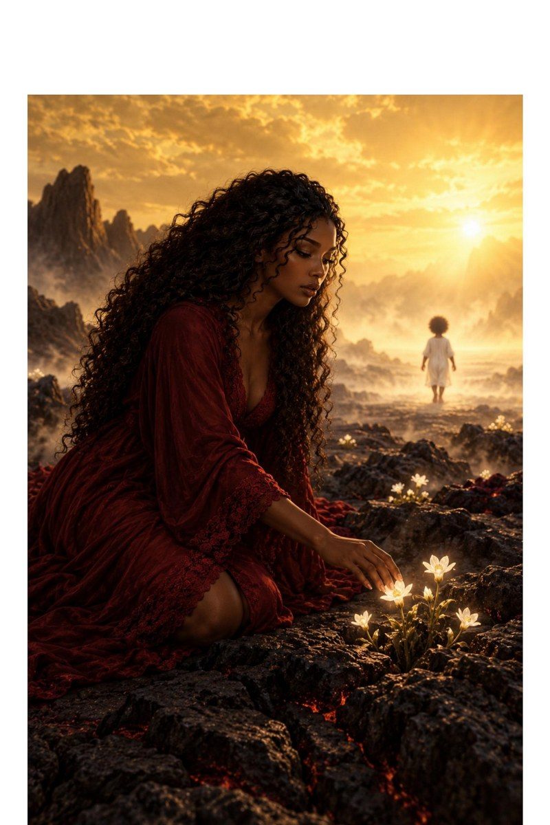 Venus kneels beside a white flower in the sunset