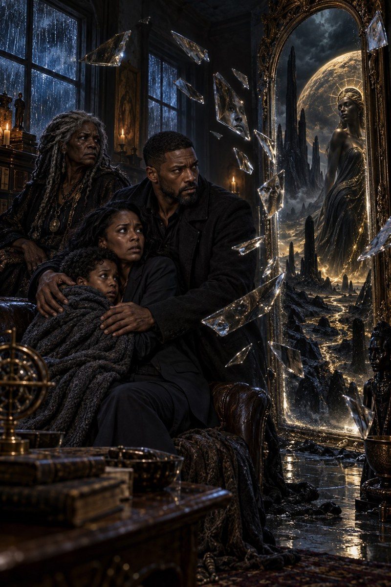 A group shelters inside a rain-swept hall